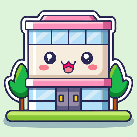Kawaii building with windows, doors, trees, lawn, pink and blue trim, and cute eyesのイラスト素材