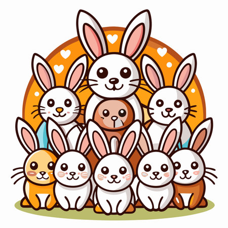 Cartoon bunnies huddle with affection. Cute, colorful, and happyのイラスト素材