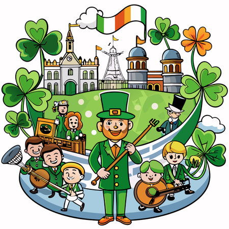 Irish celebration with landmarks, flag, and lively group of people in green attireのイラスト素材