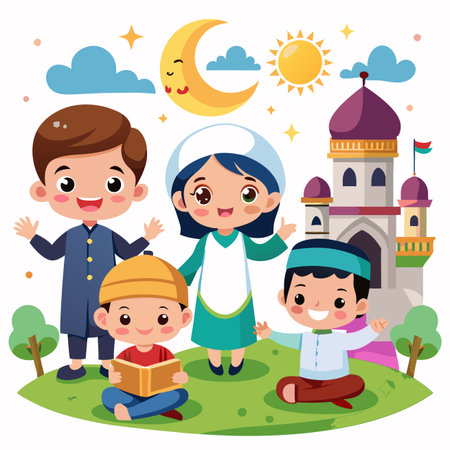 Cartoon children celebrate near a mosque, with sun, moon and starsのイラスト素材