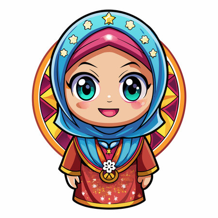 Cute cartoon girl with hijab, colorful background. Smiling, big eyes. Red and blue clothingのイラスト素材