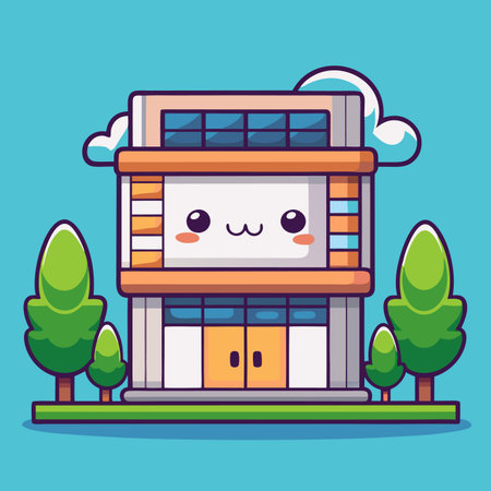 Cute building illustration with trees, clouds and a kawaii face on a blue backgroundのイラスト素材