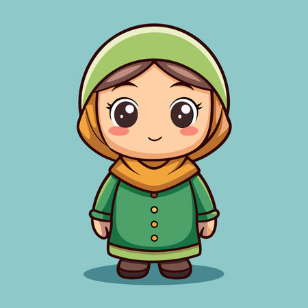 Cute cartoon girl with hijab, big eyes, wearing green, against a blue backgroundのイラスト素材
