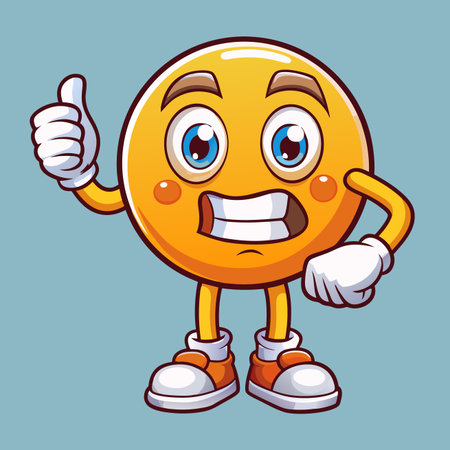Animated yellow emoji giving a thumbs up with nervous expression and blue backgroundのイラスト素材