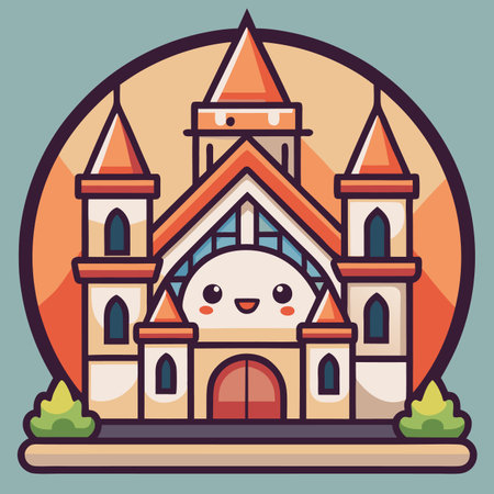 Cute cartoon building with towers, arched windows, and smiling face, inside a circle on a teal backgroundのイラスト素材