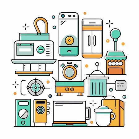 Various household objects, vector design. Simple outline style with pastel tones on white backgroundのイラスト素材