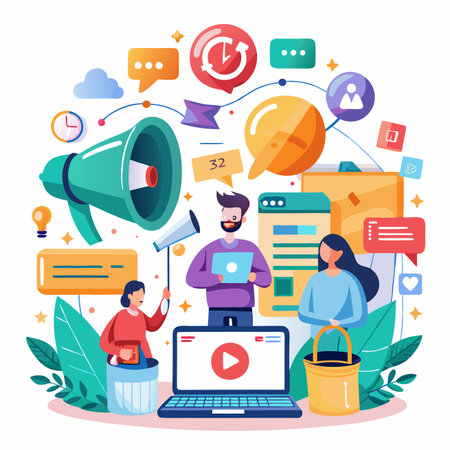 People working on a campaign, surrounded by online marketing elements and digital communicationsのイラスト素材