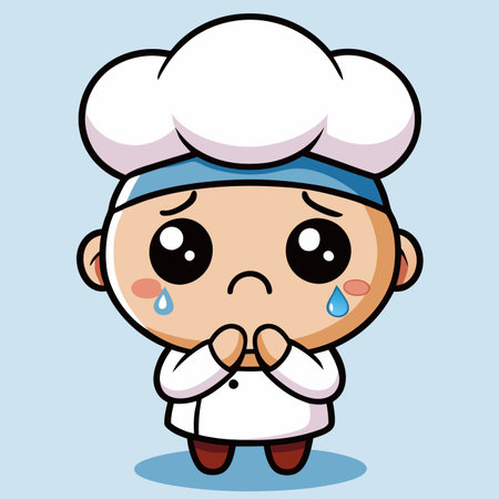 Sad, cute chef cartoon character with tears and white uniform on a light blue backgroundのイラスト素材