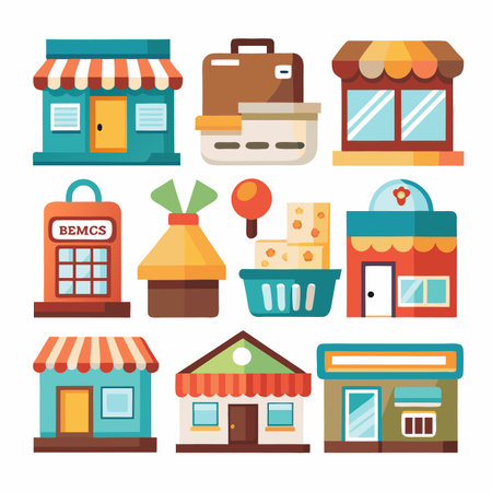 Colorful, flat-style storefronts. Variety of building designs, with diverse detailsのイラスト素材