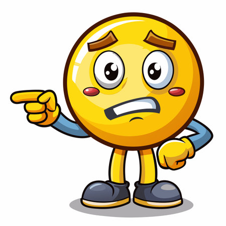 Cartoon yellow emoji character looking concerned and pointing left. Isolated on a white backgroundのイラスト素材