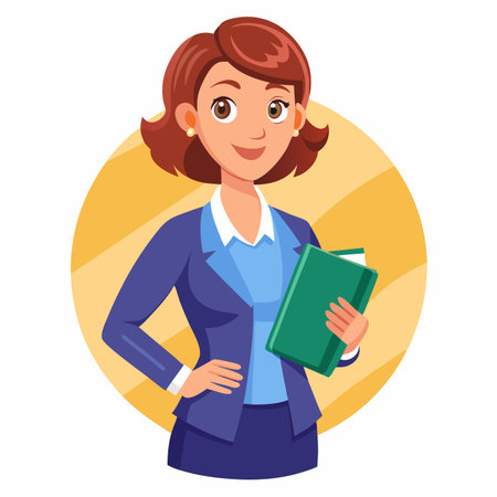 Cartoon woman in business attire holding green folder with a warm smileのイラスト素材
