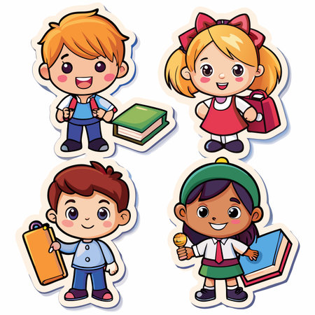 Cute cartoon kids with books, ready for school, with smiling faces and varied clothingのイラスト素材