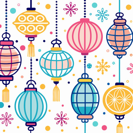 Festive lanterns with hanging tassels and snowflake details against whiteのイラスト素材