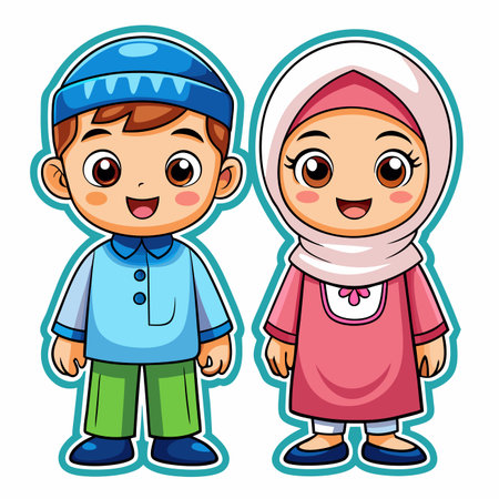 Cartoon of a boy and girl in traditional Muslim clothing, smiling, side by sideのイラスト素材