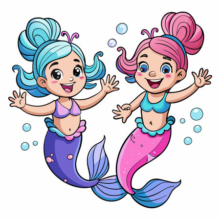 Two cartoon mermaids swim, one pink, one blue, with happy smiles and bubble accentsのイラスト素材