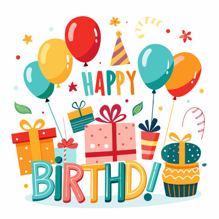Festive birthday illustration with balloons, gifts, and colorful lettering on a white backgroundのイラスト素材