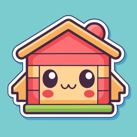 Cute, colorful cartoon house with a smiling face on a blue backgroundのイラスト素材