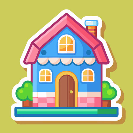 Cartoon blue house with pink roof and green yard, cute and simple designのイラスト素材
