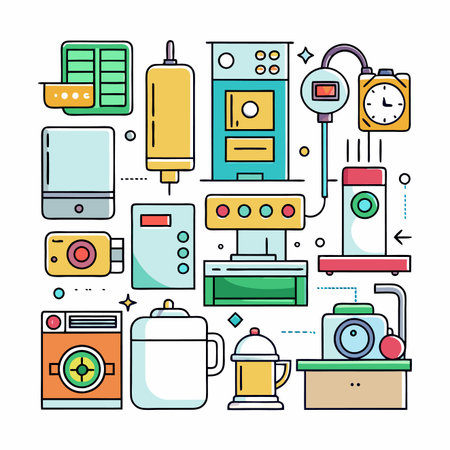 Abstract vector art with detailed machine and laboratory equipment set against a clean white backgroundのイラスト素材