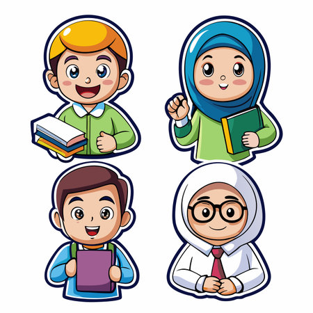 Student cartoon characters. Diverse children with books and bags, ready to learnのイラスト素材