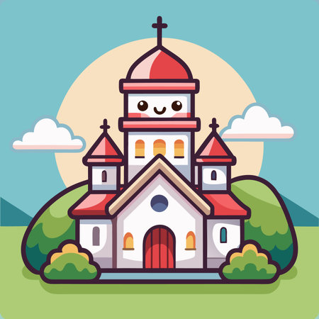 Cute cartoon church illustration with happy face, cross, dome, hills, and blue sky backgroundのイラスト素材