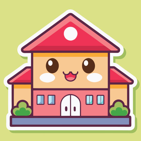 Cute cartoon house with smiling face, red roof, and small windows on a light green backgroundのイラスト素材