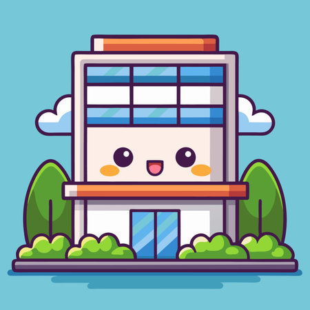 Cute stylized office building with a cheerful, cartoon face &amp; surrounding plantsのイラスト素材