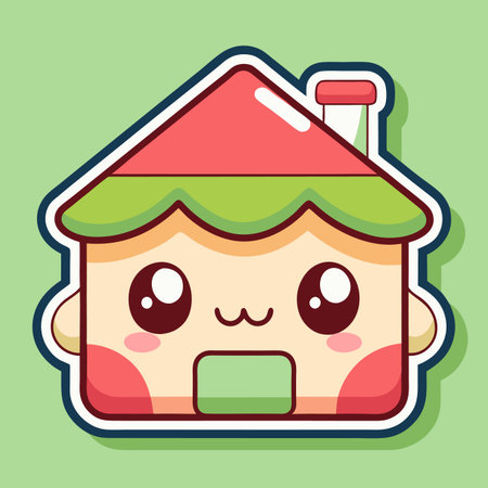 Cute house cartoon with pink roof, green details, big eyes and smiling face on a light green backgroundのイラスト素材