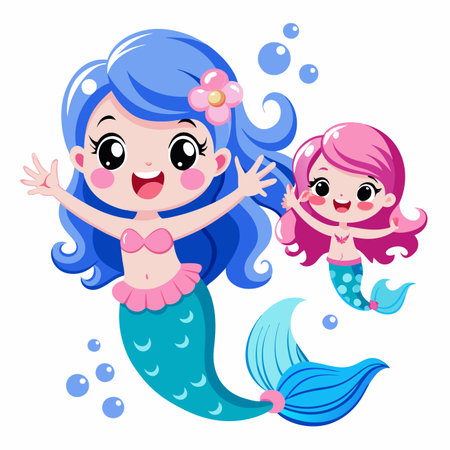 Cartoon mermaids swimming with bubbles, colorful hair, and friendly facesのイラスト素材