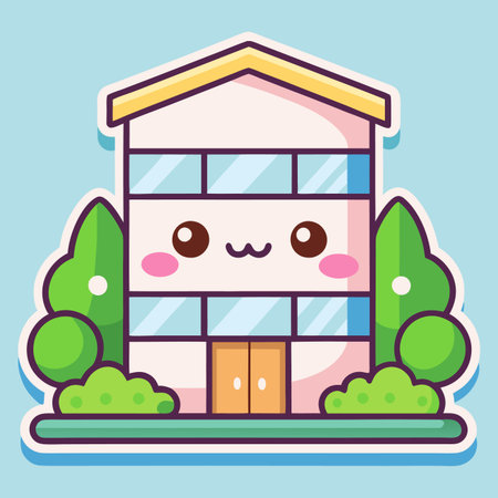 Kawaii building with cute face, trees, simple design, soft colors on blue backgroundのイラスト素材
