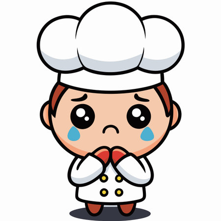 Crying chef cartoon with big eyes, white hat, pleading hands, and a sad expressionのイラスト素材
