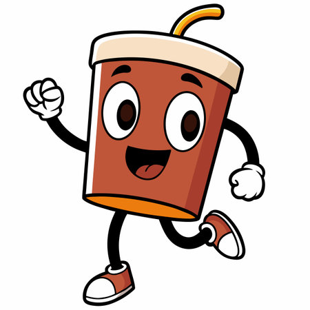 Coffee character runs, cheerfully exuding energy with its happy face and cartoonish designのイラスト素材