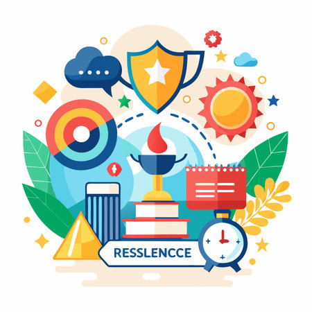 Colorful flat illustration of success symbols shield, trophy, books, calendar, and more iconsのイラスト素材