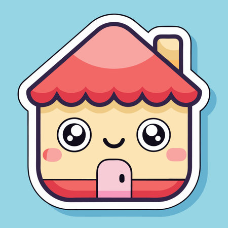 Cute house Kawaii-style home with happy face, pink roof, and doorway on a light blue backgroundのイラスト素材
