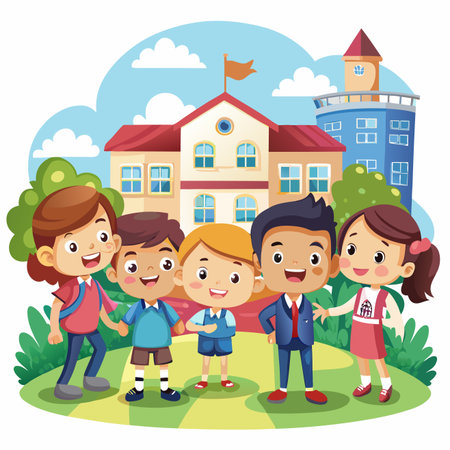 Students stand before a school building; cheerful illustration with blue skies and green plantsのイラスト素材