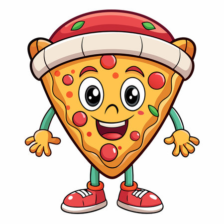 Happy pizza slice cartoon character with arms, legs, pepperoni, and sauceのイラスト素材