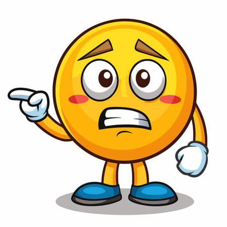 Worried emoji. Pointing, frowning yellow cartoon character with concern, eyes wide, standing on white backgroundのイラスト素材