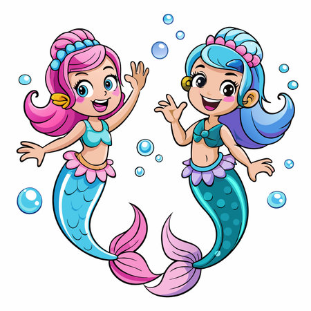 Two friendly mermaid cartoon characters waving, surrounded by bubbles in underwater settingのイラスト素材