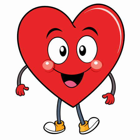 Happy heart character. Cartoon with arms, legs, shoes, blushing cheeks, smiling expressionのイラスト素材