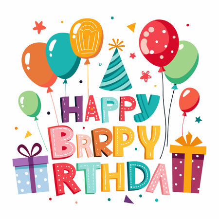 Birthday celebration. Balloons, gifts, hat, confetti, and festive lettering create a party atmosphereのイラスト素材