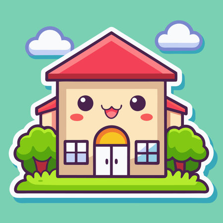 Cute cartoon building with a red roof, friendly face, bushes, and cloudsのイラスト素材