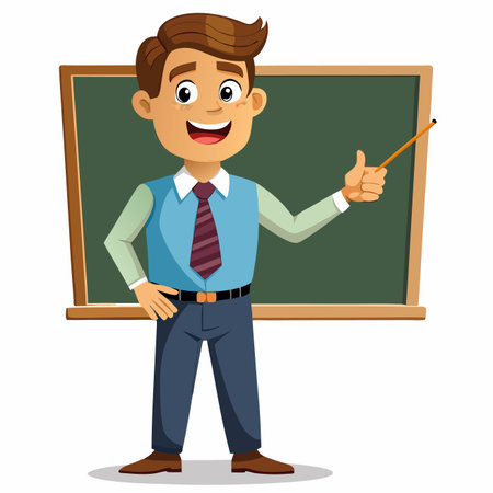 Teacher with pointer stands before blackboard, smiling, wearing tie and vestのイラスト素材