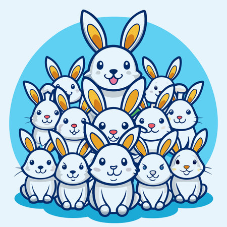 Cartoon bunnies. Blue background, many cute white rabbits arranged together, smiling, and looking forwardのイラスト素材