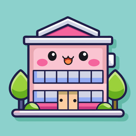 Cute cartoon building. Pink structure with smiling face, windows, door, and two green trees aroundのイラスト素材
