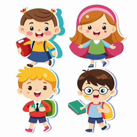 Children in school attire with backpacks. Smiles and bright colors create an appealing and cheerful lookのイラスト素材