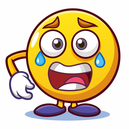 Yellow cartoon crying emoticon with big eyes, open mouth, and two teardrops. Scared expressionのイラスト素材