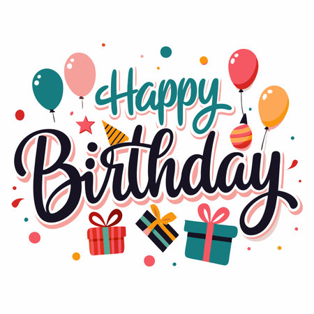 Birthday celebration with colorful balloons, gifts, and festive decorationのイラスト素材