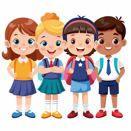 Diverse cartoon schoolchildren stand smiling, wearing uniforms and backpacksのイラスト素材
