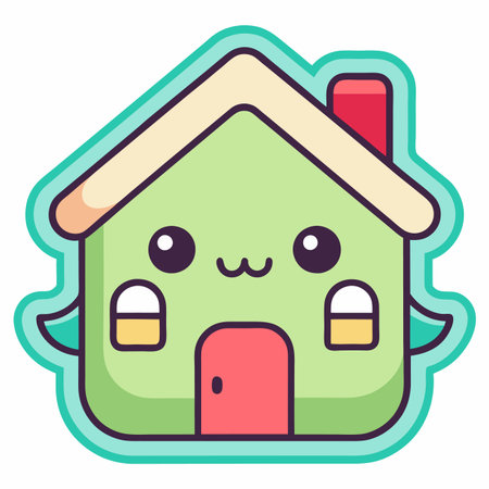 Cute cartoon house with face, green and red accents, and teal outline on whiteのイラスト素材