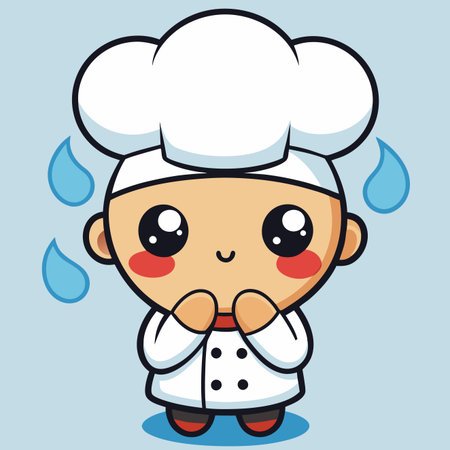 Kawaii chef sweating, nervous, in uniform. Big eyes, blushed cheeks. Cartoon styleのイラスト素材